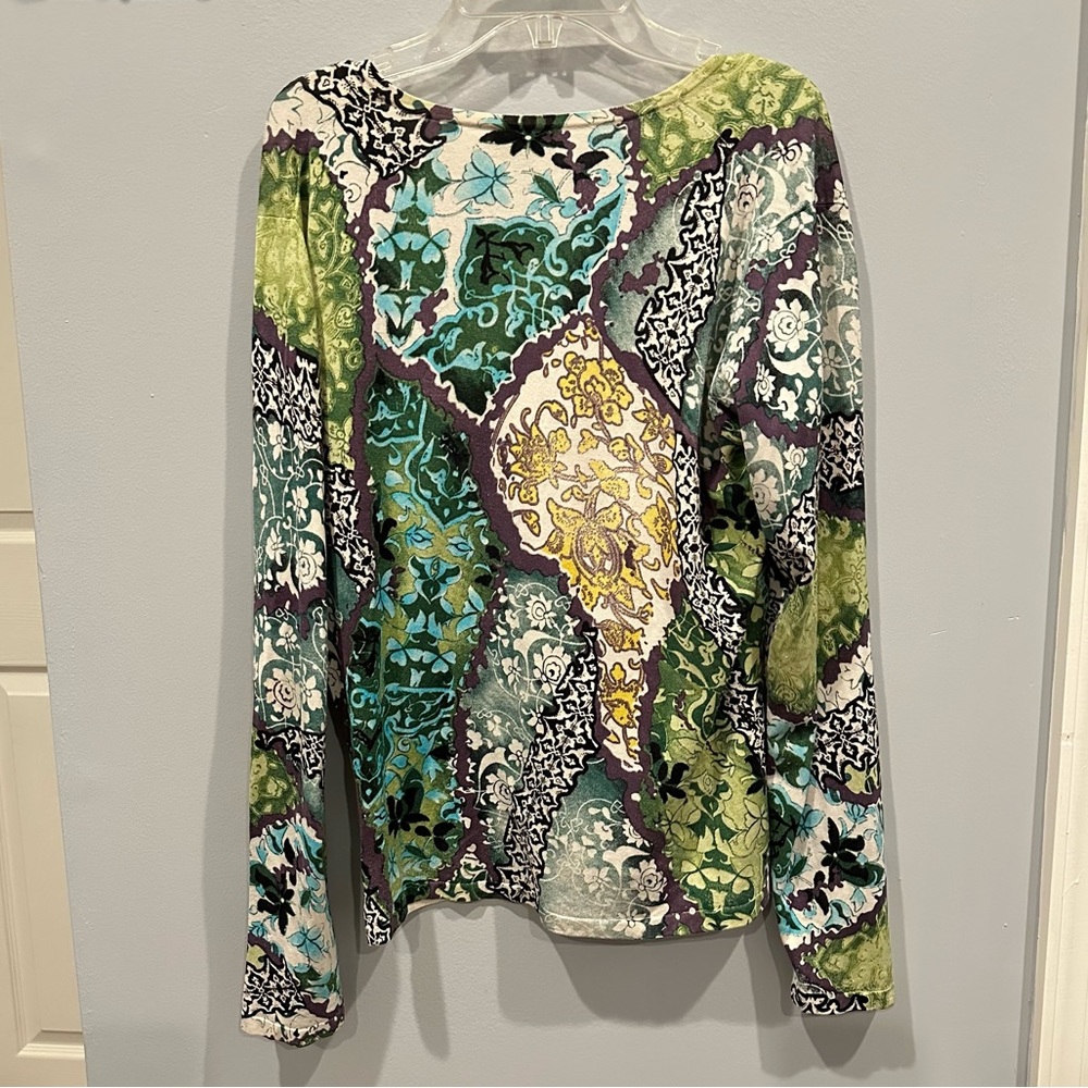 Silk Lightweight Knit Long Sleeve Sweater V-Neck Abstract Floral Y2K Grunge Lg - Picture 4 of 16